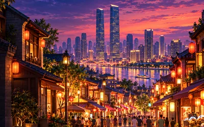 长沙黄兴路一带的老街和湘江对岸天际线，游戏内城市标题画