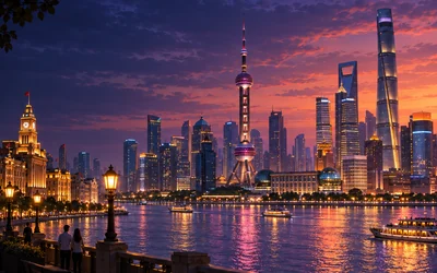 The Bund, the Huangpu River and the Lujiazui skyline at dusk, Shanghai — in-game city title art